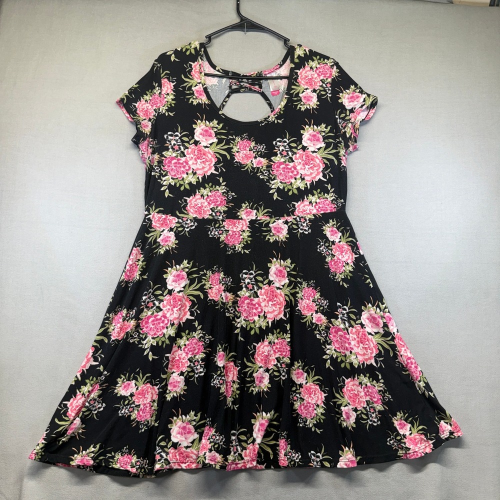 Babydoll Black Dress Women XXL Black Pink Floral Whimsy Boho Short Sleeves